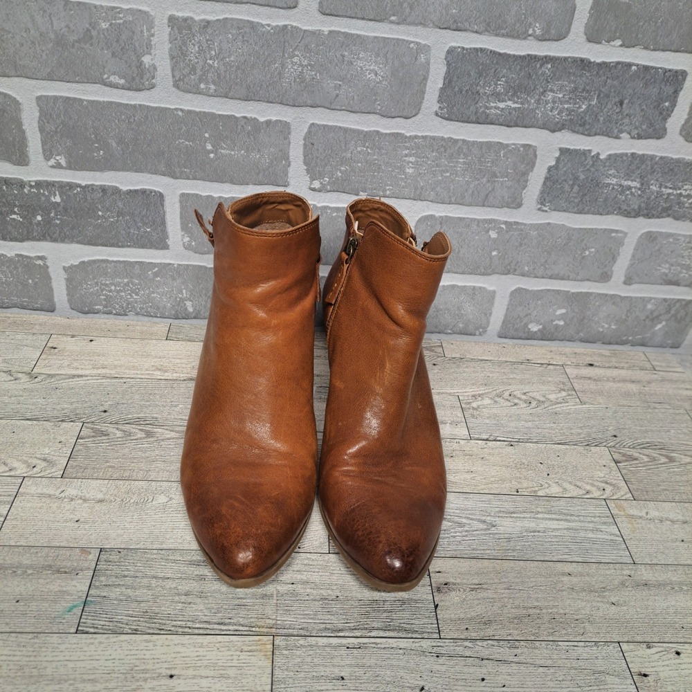Frye Side Zip Block Heel Ankle Boots Booties Women's Brown Leather‎ Size 9.5 M